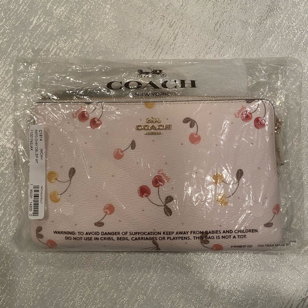 NWOT Coach Printed Cherry Double Zip Leather Wallet